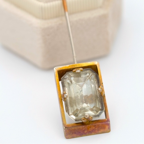 Vintage Art Deco Faceted Rhinestone Stick Pin Brooch 3” Goldtone Statement Piece - Picture 1 of 15